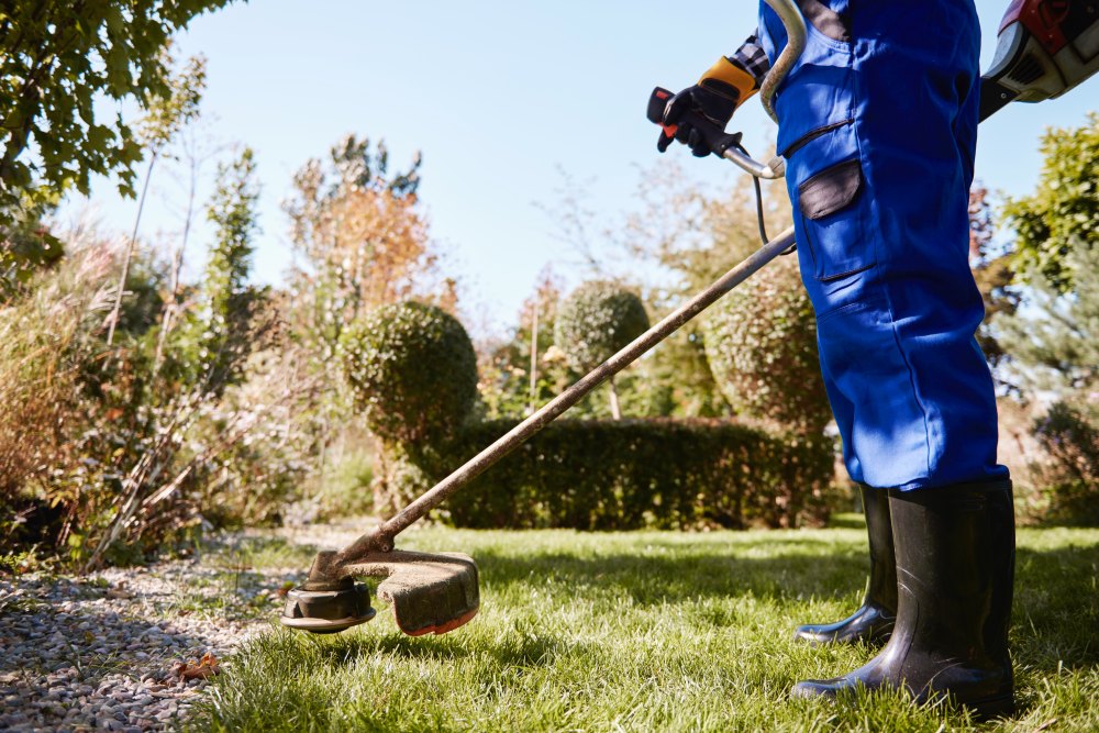 gardener-with-weedwacker-cutting-grass-garden